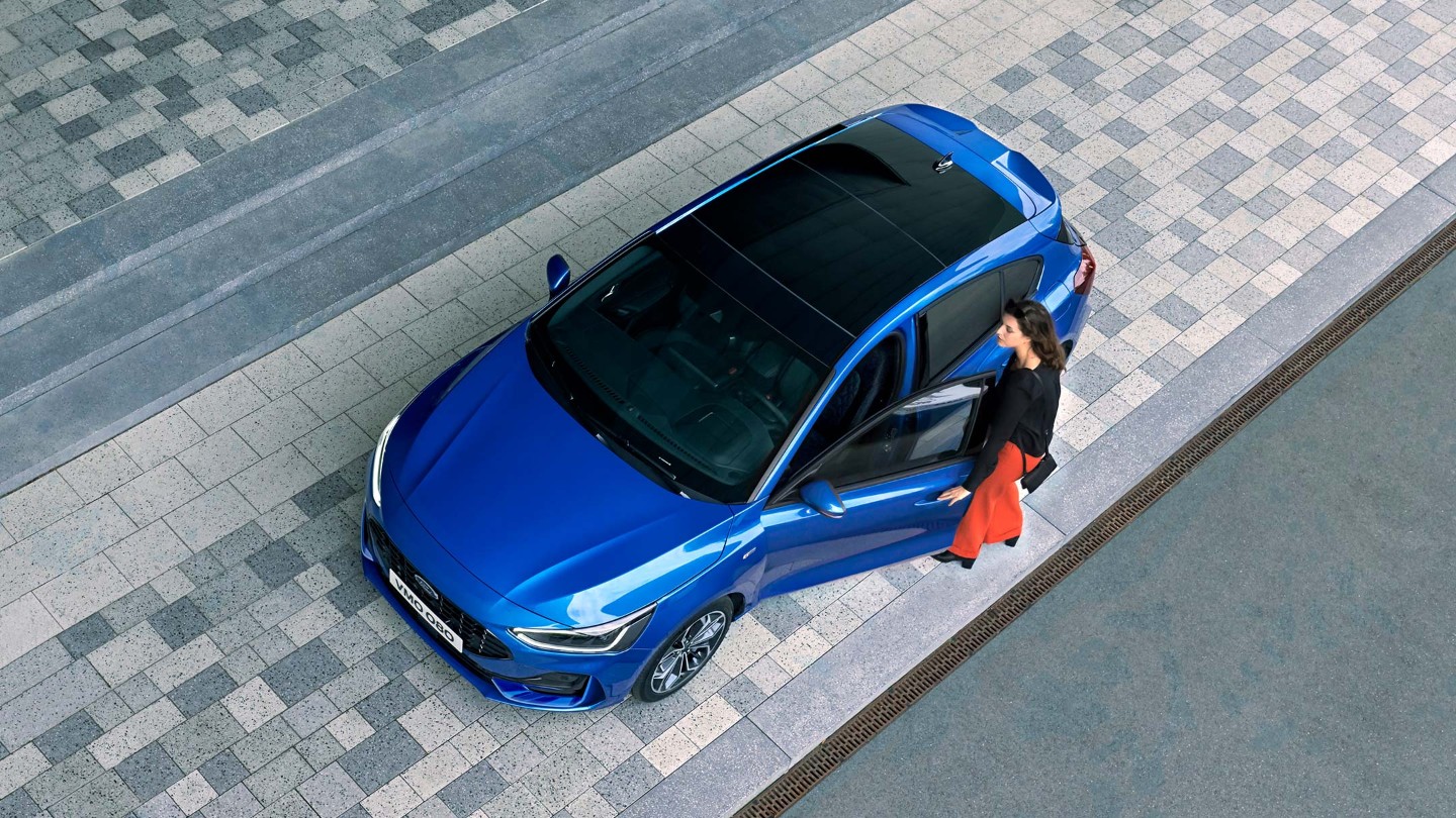 New blue Ford Focus top view of panorama roof