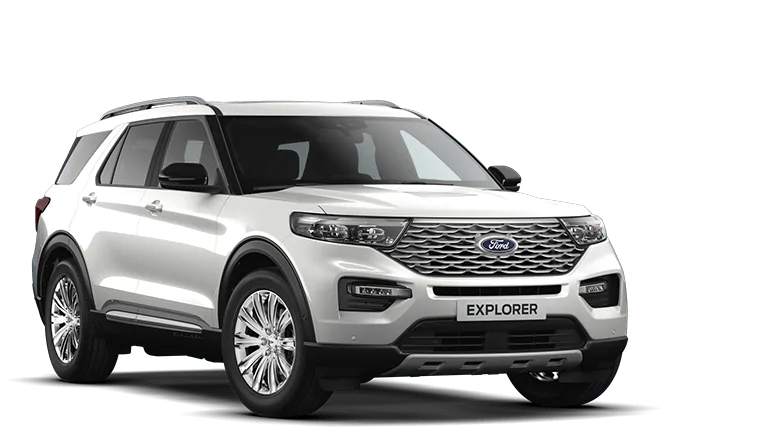 Valkoinen Ford Explorer, edestä kolmiosta