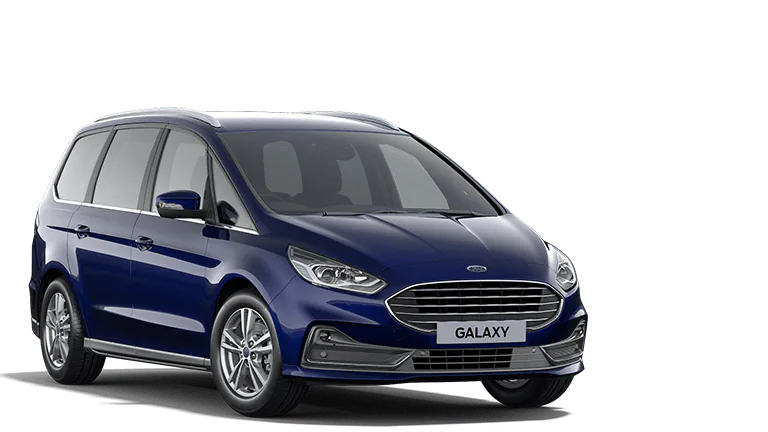 Sininen Ford Galaxy, edestä kolmiosta