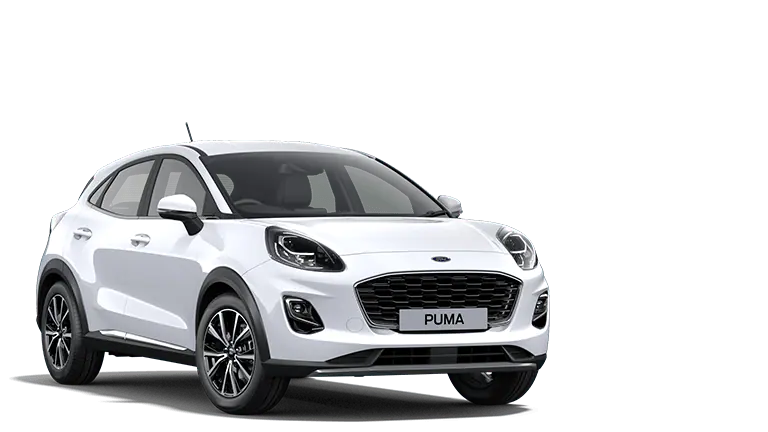 Valkoinen Ford Puma, edestä kolmiosta
