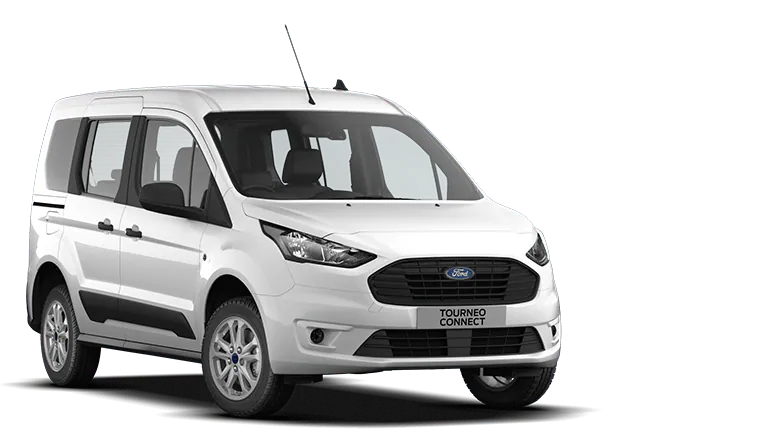 Valkoinen Ford Tourneo Connect, edestä kolmiosta