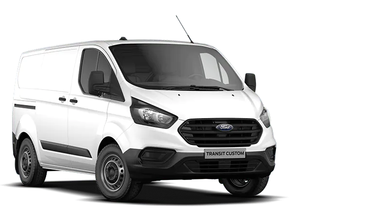 Valkoinen Ford Transit Custom, edestä kolmiosta