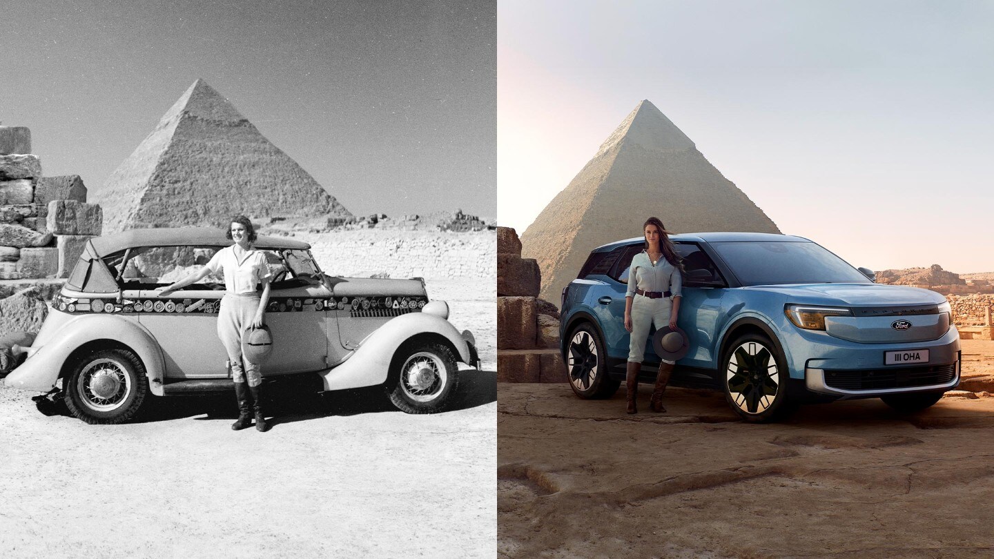 Aloha Wanderwell Ford Model-T:n edessä.