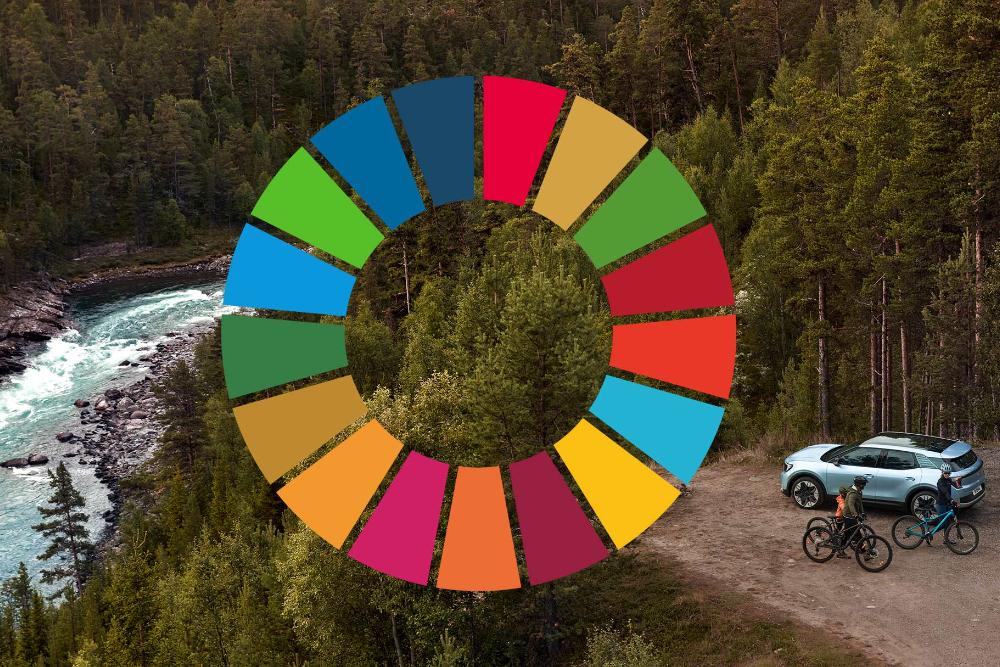 Ford Explorer pysäköitynä kauniille luontopaikalle, ja kuvan päällä on YK:n kestävän kehityksen tavoitteiden logo.