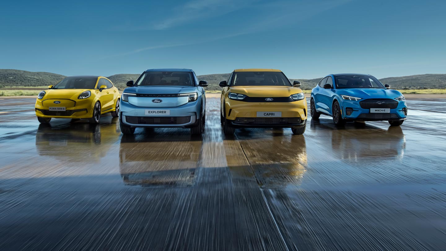 Esittelyssä Ford-täyssähköautot, mukaanlukien Ford Puma Gen-E, Ford Explorer, Ford Capri, ja Ford Mustang Mach-E.