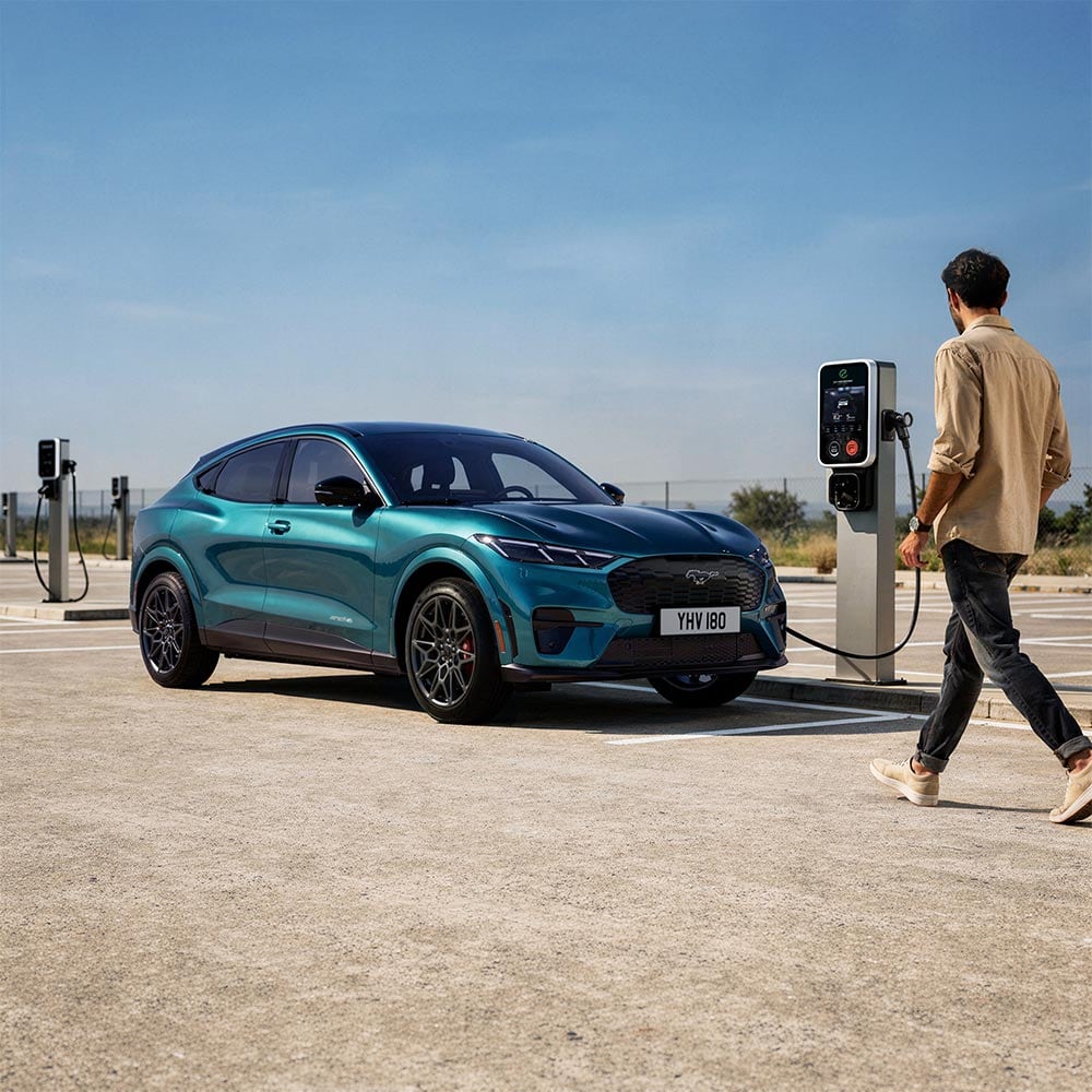 "Adriatic Blue -värinen Mustang Mach-E GT liitettynä latauspisteeseen. Mies kävelee kohti latausasemaa."