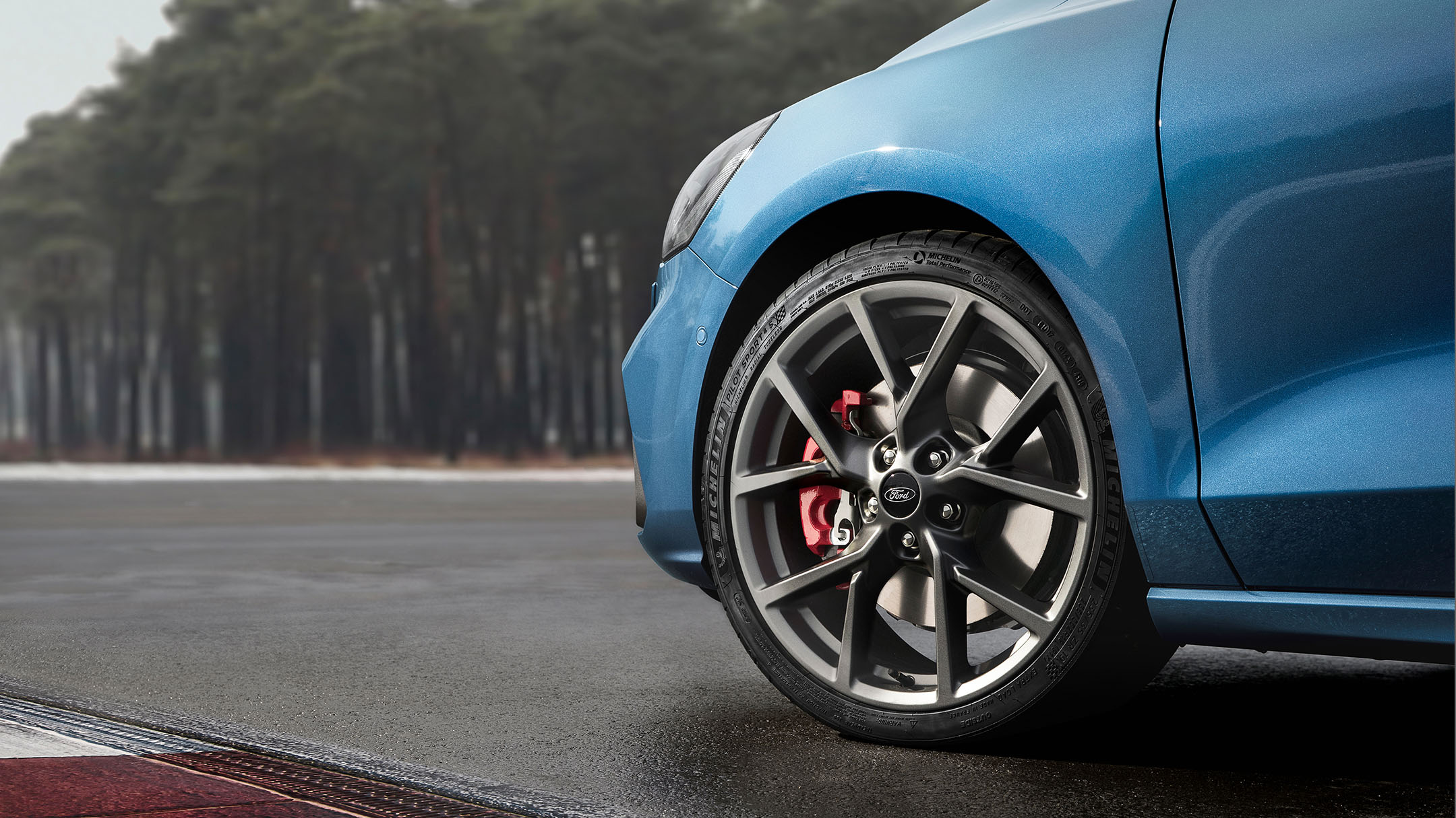 Close-up of the wheel and tire of a blue Ford Fiesta ST.