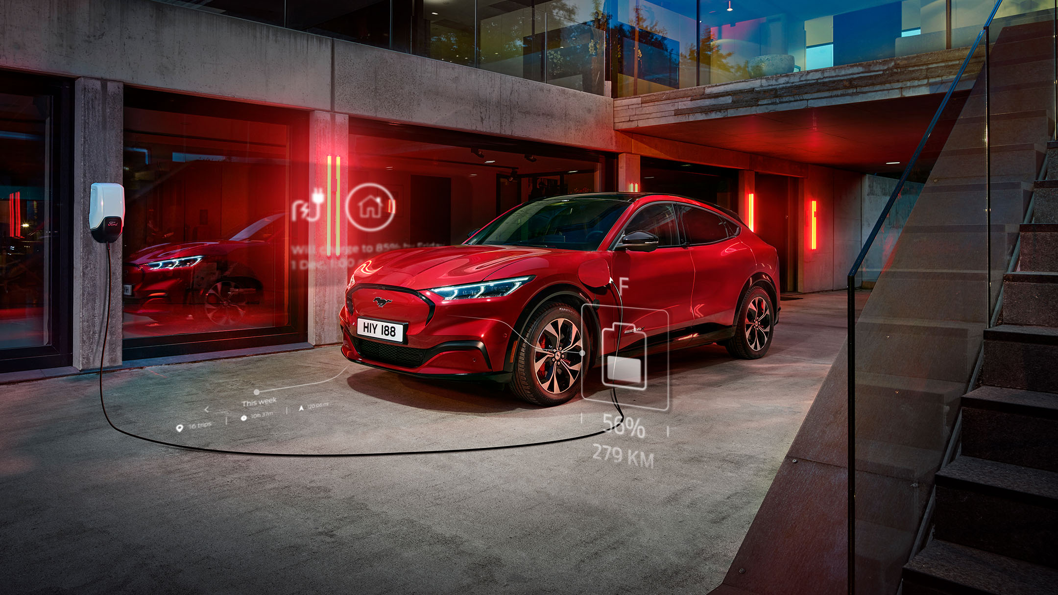 A red Ford Mach-E electric vehicle is parked in a modern garage and is plugged into a charging station. The image includes digital overlays showing battery level and range.