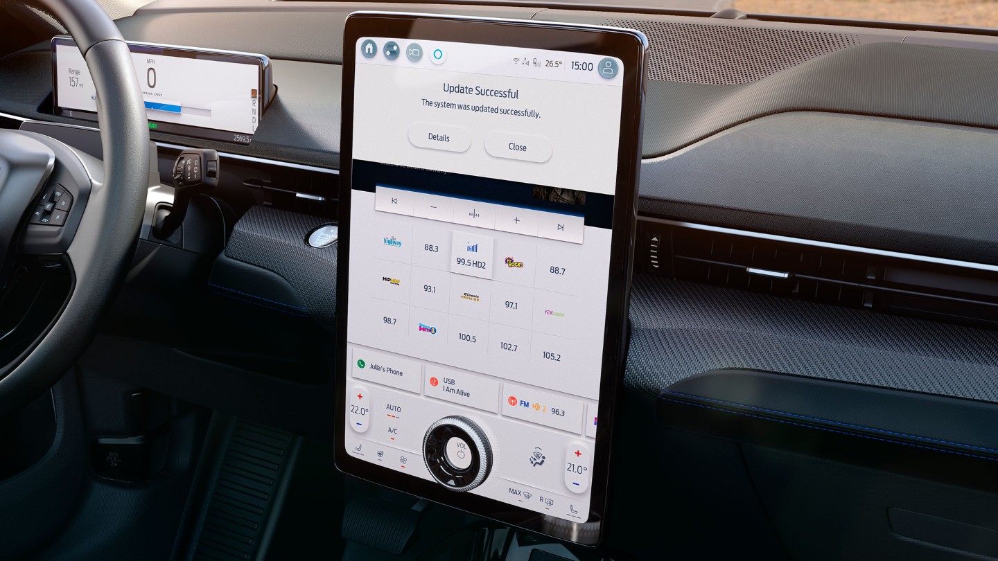 Ford Mustang Mach-E interior view of dashboard and SYNC 4 screen