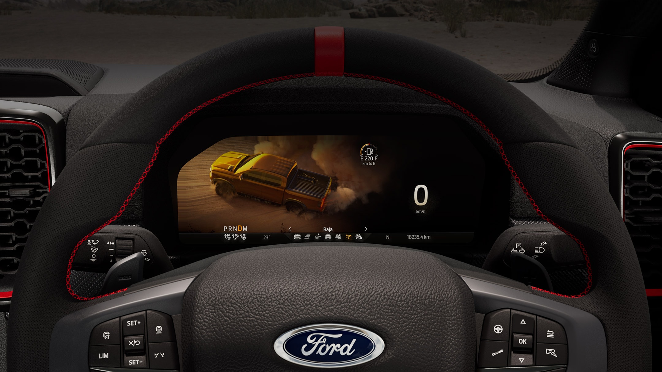Computer render showing the steering wheel and dashboard panels.