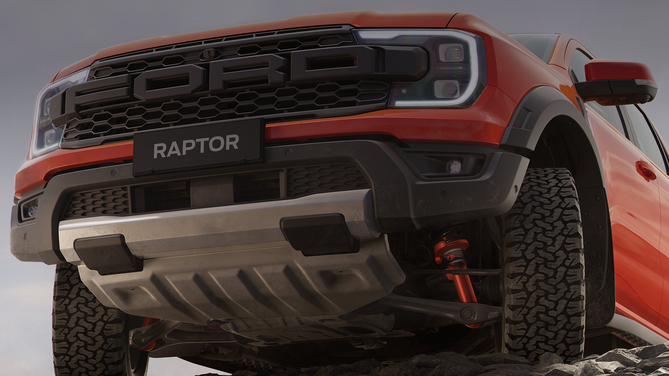 Ford Ranger Raptor front view from a low angle. 