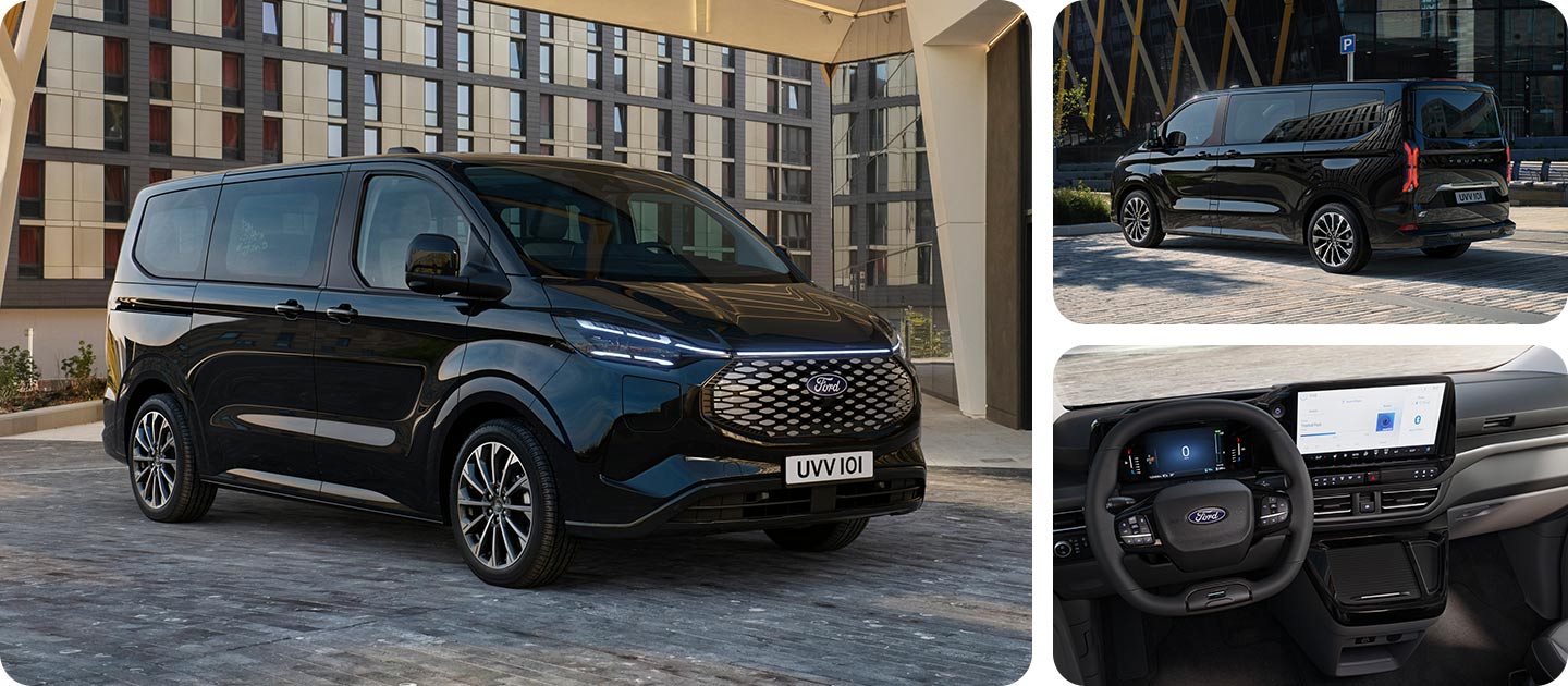 Musta Ford E-Tourneo Custom pysäköitynä modernin rakennuksen eteen ja kuvattuna takaviistosta.