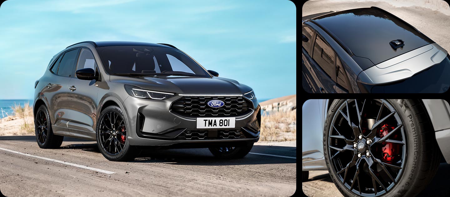Magnetic Grey -värinen Ford Kuga ST-Line X Black Package -ajoneuvo, jossa lähikuvassa 20 tuuman kevytmetallivanteet ja ulkoiset mustat yksityiskohdat.