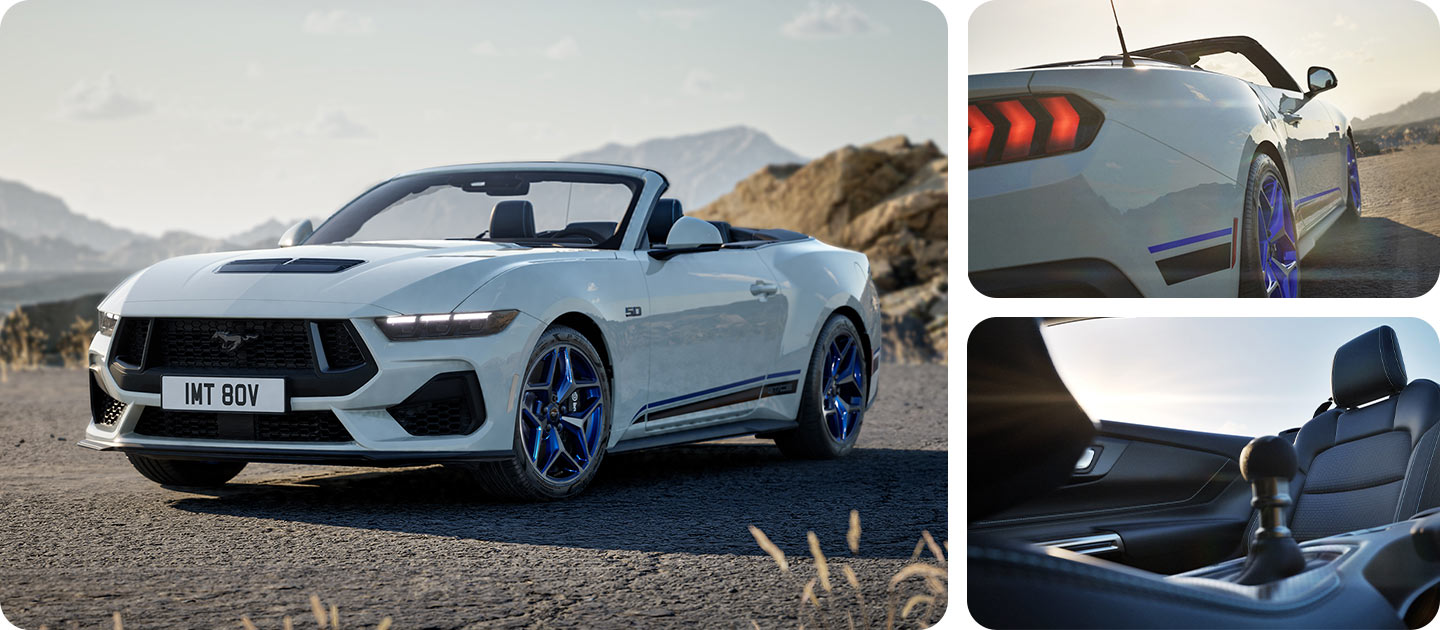 Kolmen kuvan sommitelma. Kuvissa Ford Mustang GT Convertible California Special.