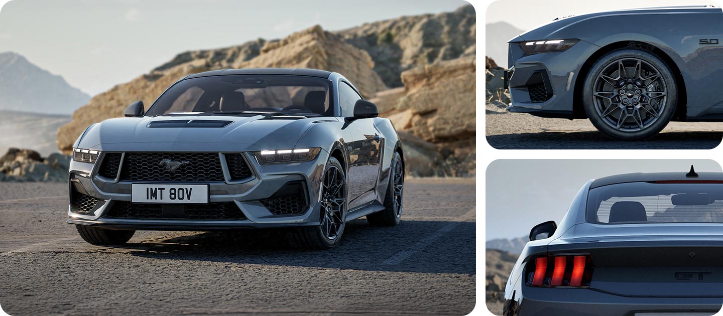 Kolmen kuvan sommitelma. Kuvissa Ford Mustang GT Fastback Nite Pony.