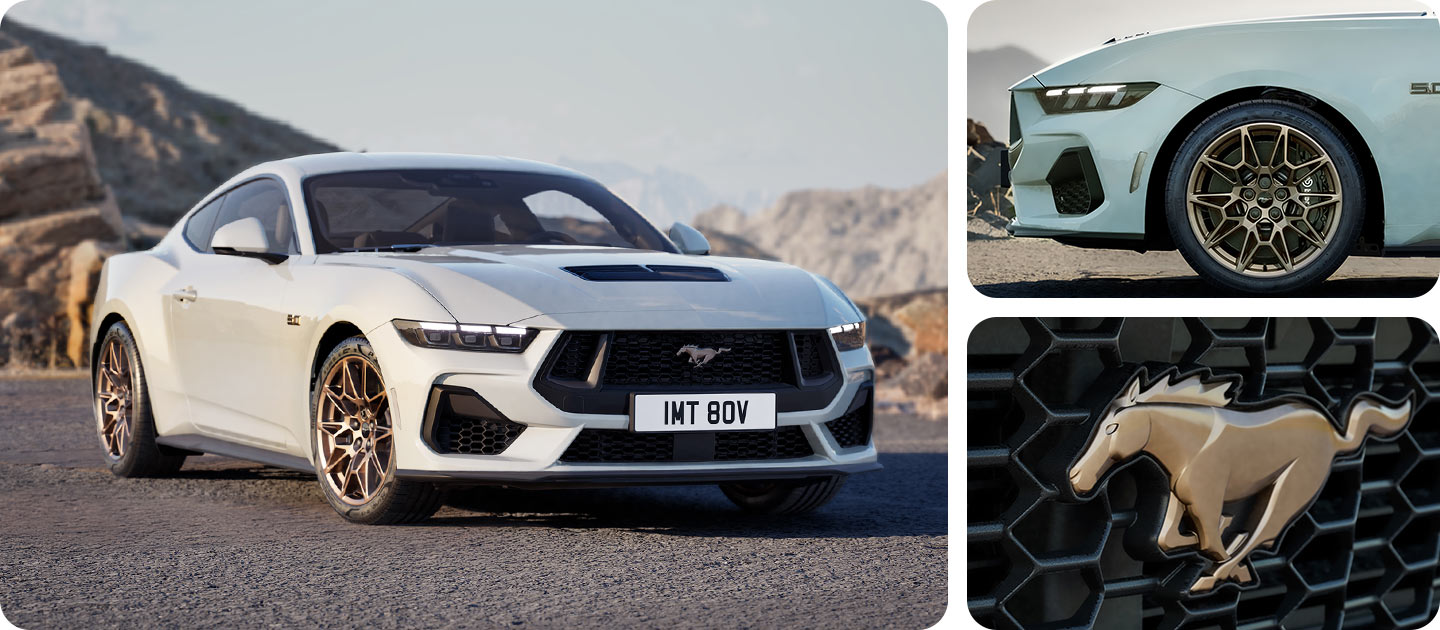 Kolmen kuvan sommitelma. Kuvissa Ford Mustang GT Fastback Bronze Packilla ja Oxford White ulkovärillä.