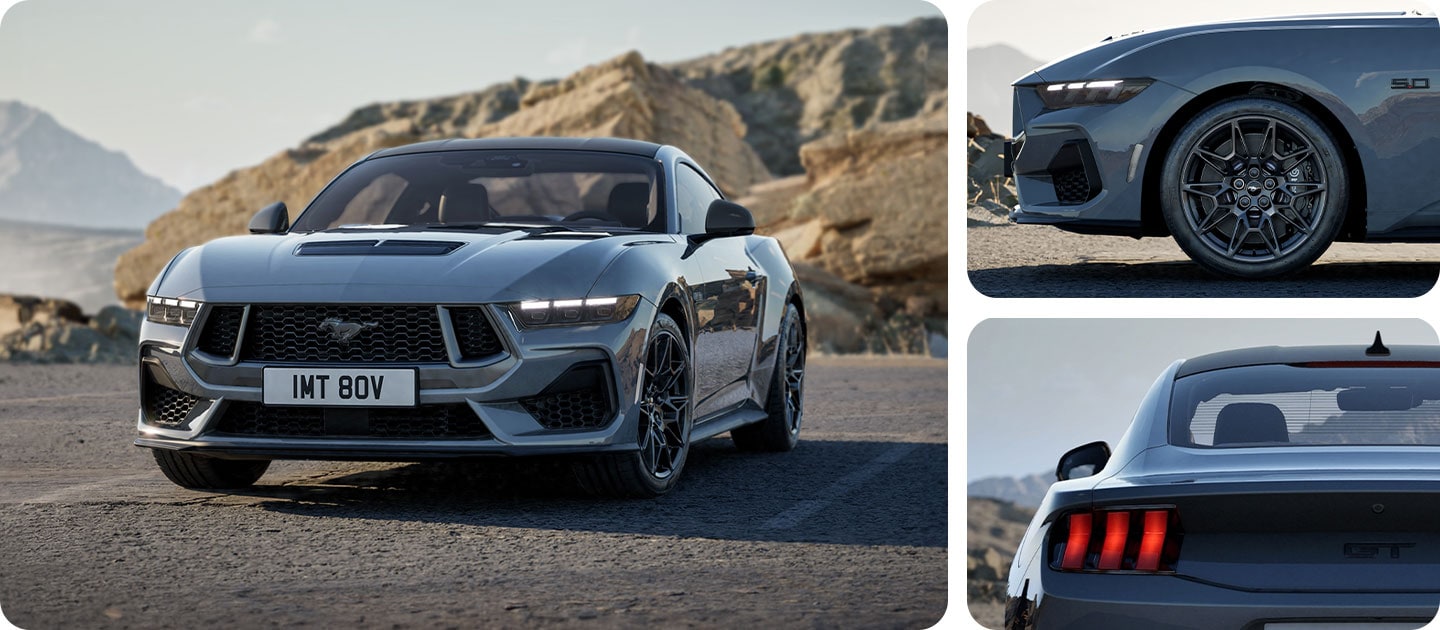 Kolme kuvaa ruudukossa, joissa harmaa Ford Mustang GT Nite Pony Coupe vuoristotiellä