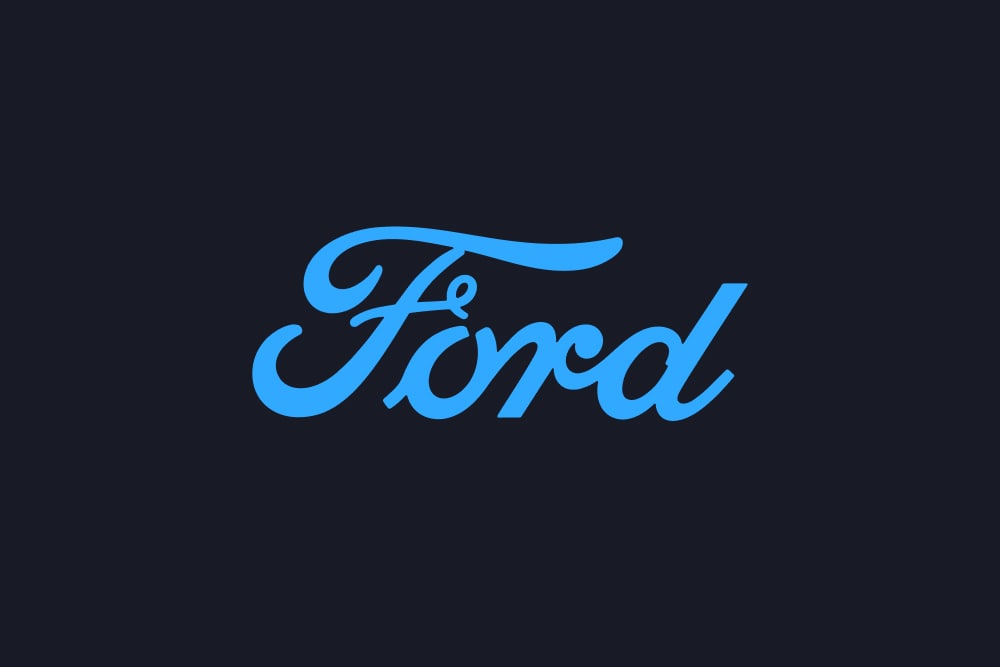 Sininen Fordin logoteksti tummalla taustalla
