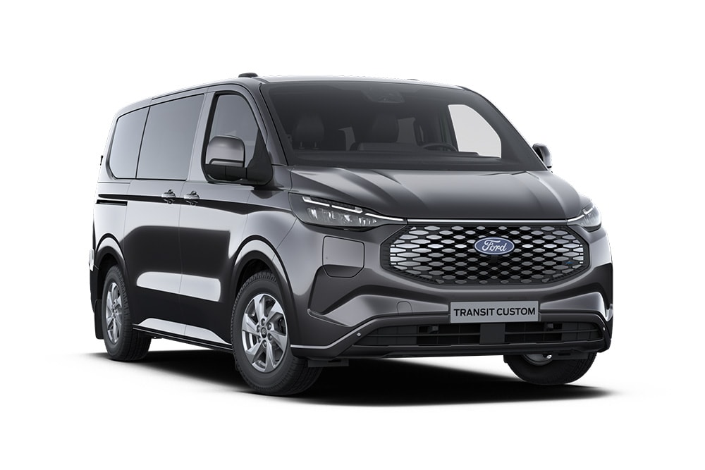 Tummanharmaa Ford Transit Custom Limited Kombi edestä kuvattuna.