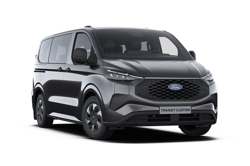 Tummanharmaa Ford Transit Custom Trend Kombi edestä kuvattuna.