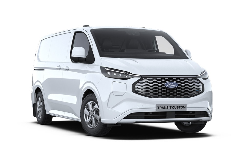 Valkoinen täyssähköinen Ford E-Transit Custom -pakettiauto edestä kuvattuna.