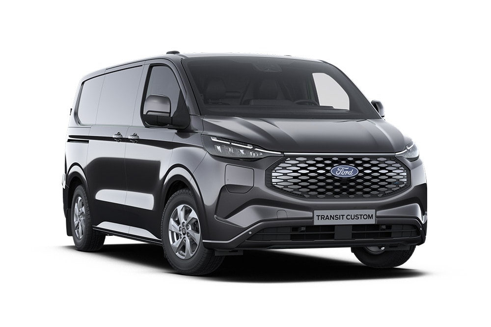 Tummanharmaa Ford E-Transit Custom Limited -pakettiauto edestä kuvattuna.