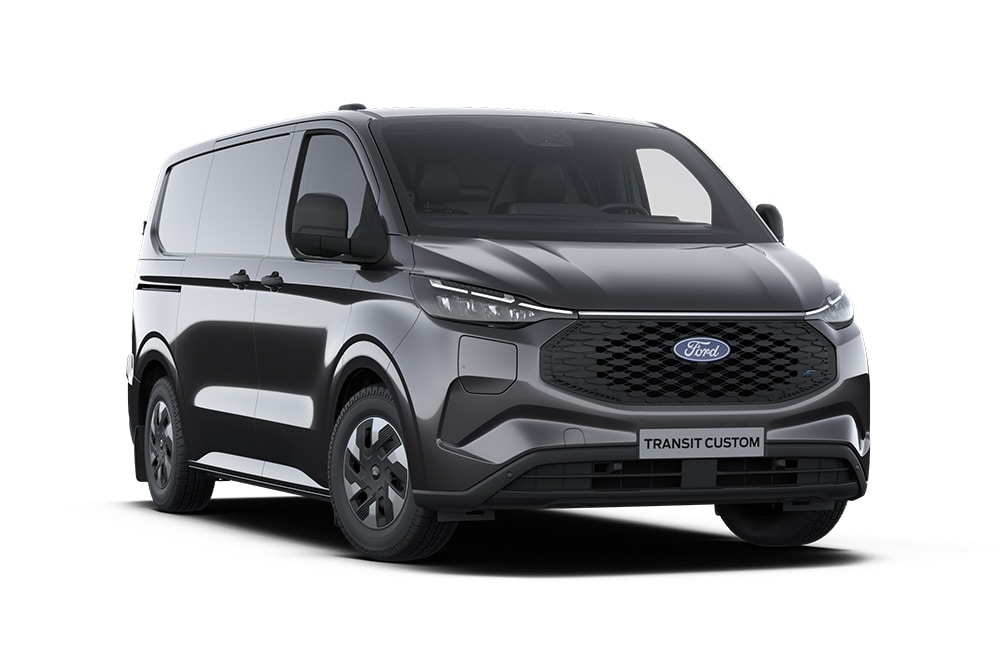 Tummanharmaa Ford E-Transit Custom Trend -pakettiauto edestä kuvattuna.