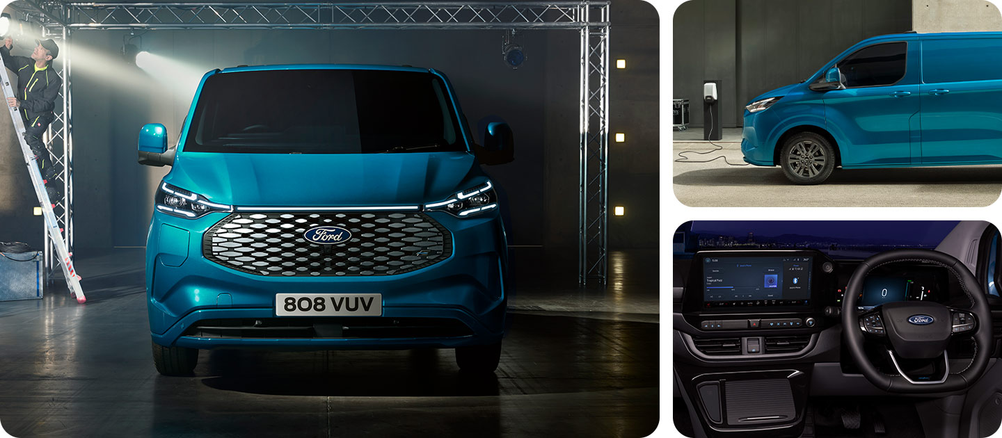 Sininen Ford E-Transit Custom -pakettiauto edestä kuvattuna.
