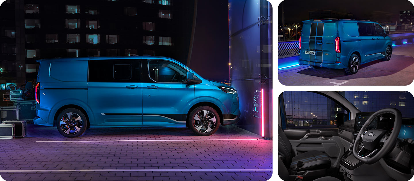 Sininen täyssähköinen Ford E-Transit Custom Jatko-ohjaamopakettiauto illalla kuvattuna sivusta.