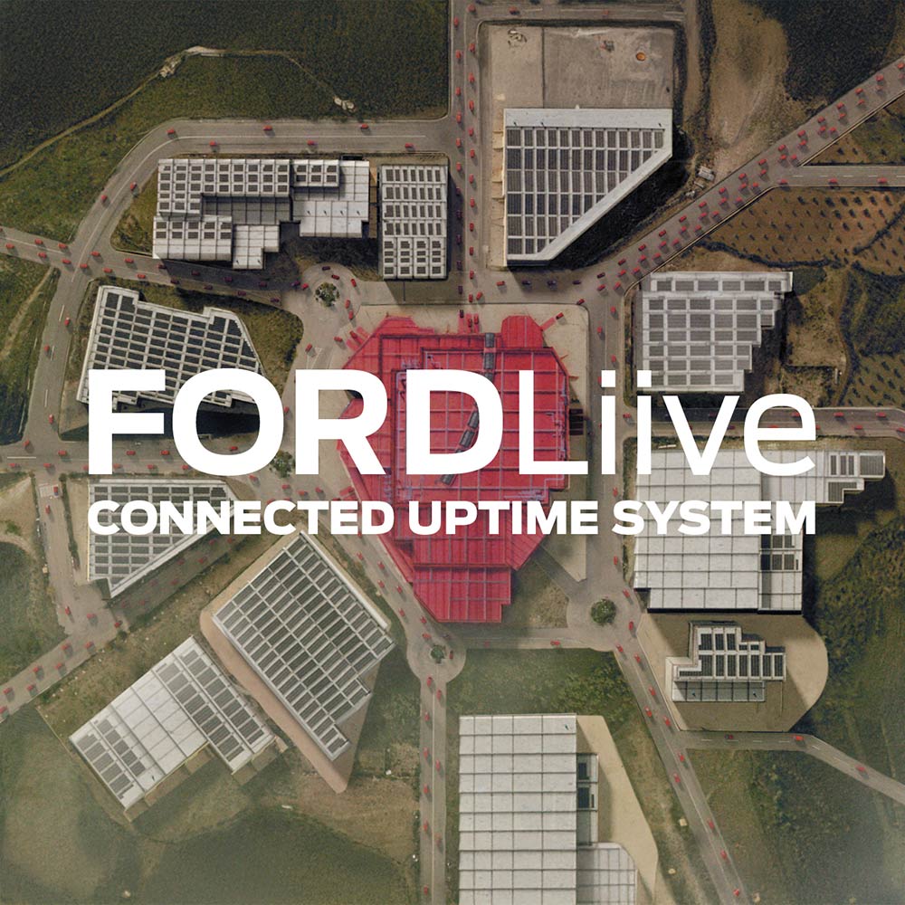 Ilmakuva rakennuskompleksista ja FORDLiive-logo.