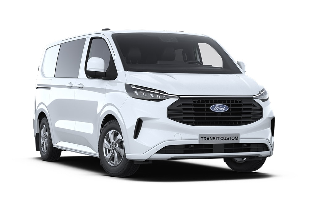 Valkoinen Ford Transit Custom Jatko-ohjaamopakettiauto.