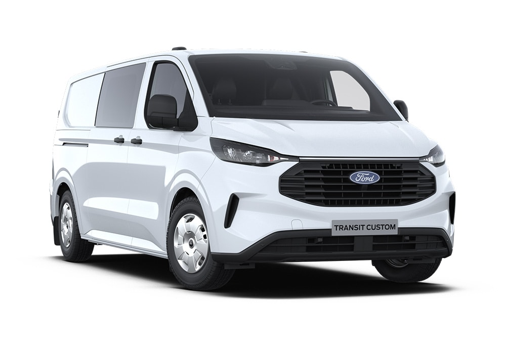 Valkoinen Ford Transit Custom Multicab.