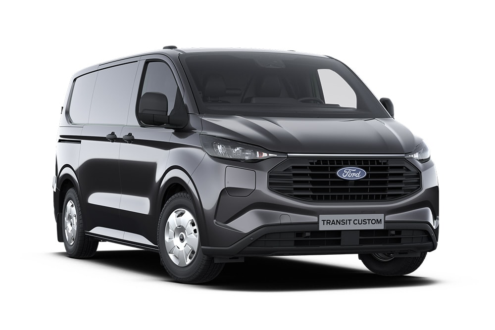 Tummanharmaa Ford Transit Custom Trend -pakettiauto edestä kuvattuna.