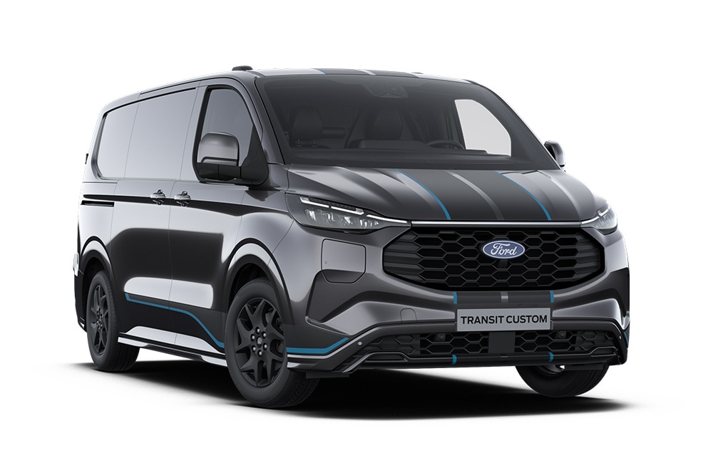 Tummanharmaa Ford Transit Custom Sport -pakettiauto sinisillä yksityiskohdilla.