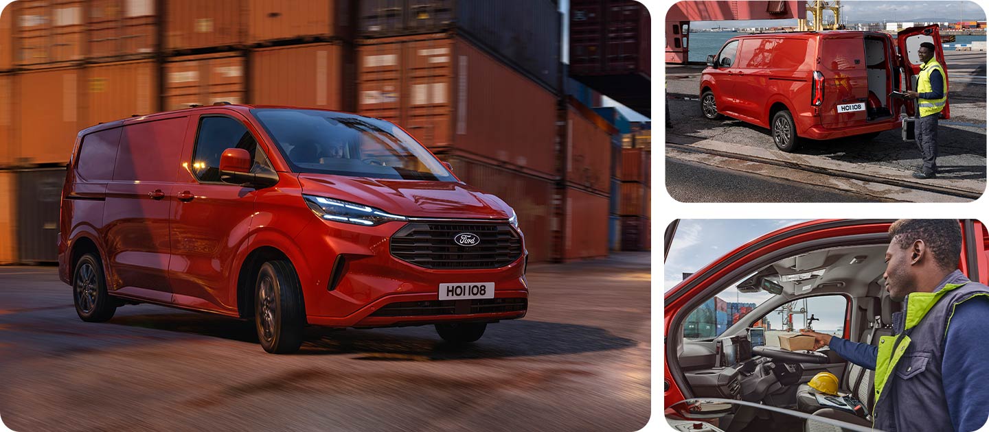 Punainen Ford Transit Custom -pakettiauto ajamassa sataman pihalla. 