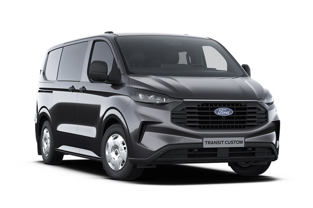 Tummanharmaa Ford Transit Custom Trend Jatko-ohjaamopakettiauto. 