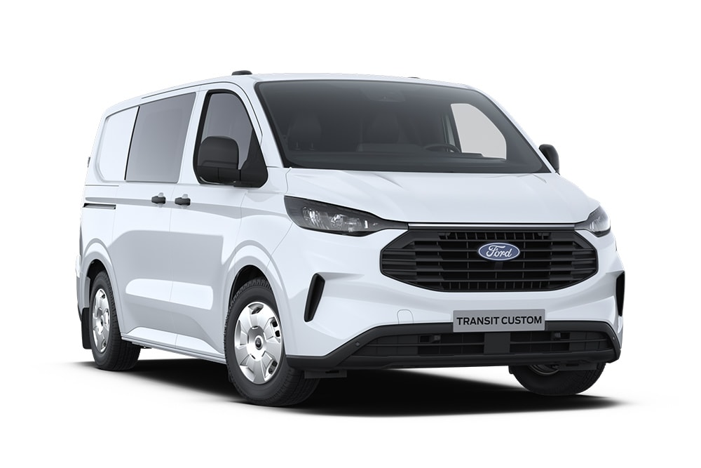 Valkoinen Ford Transit Custom Multicab.
