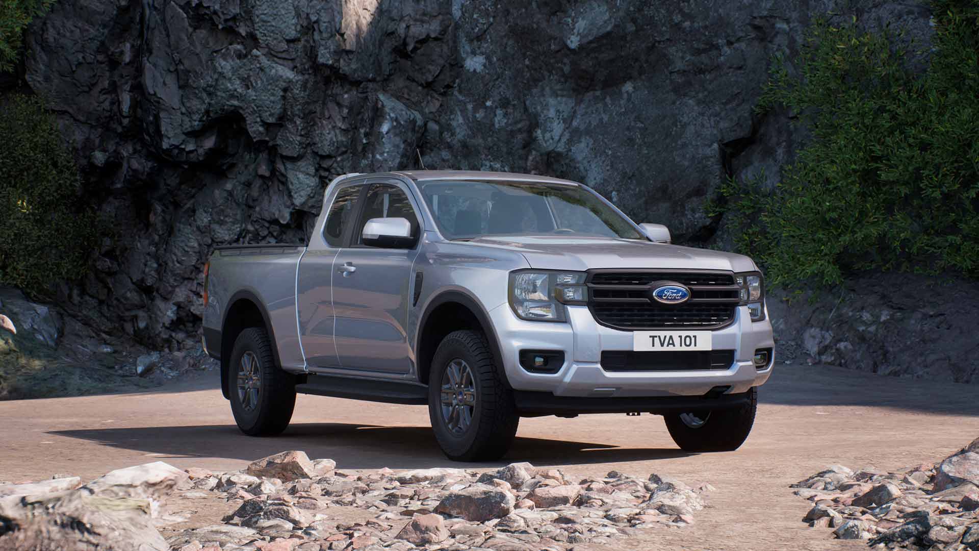 Hopeanharmaa Ford Ranger Super Cab XLT pysäköitynä kiviseen maastoon.