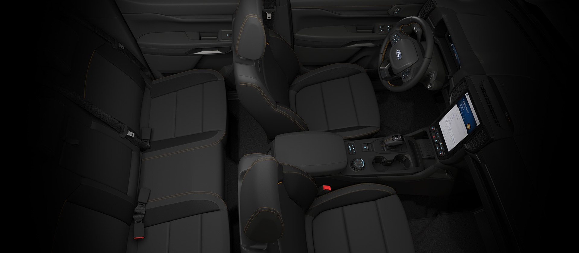 Ylhäältä otettu kuva 5-paikkaisen Ford Ranger Double Cabin sisätiloista ja kojelaudasta.