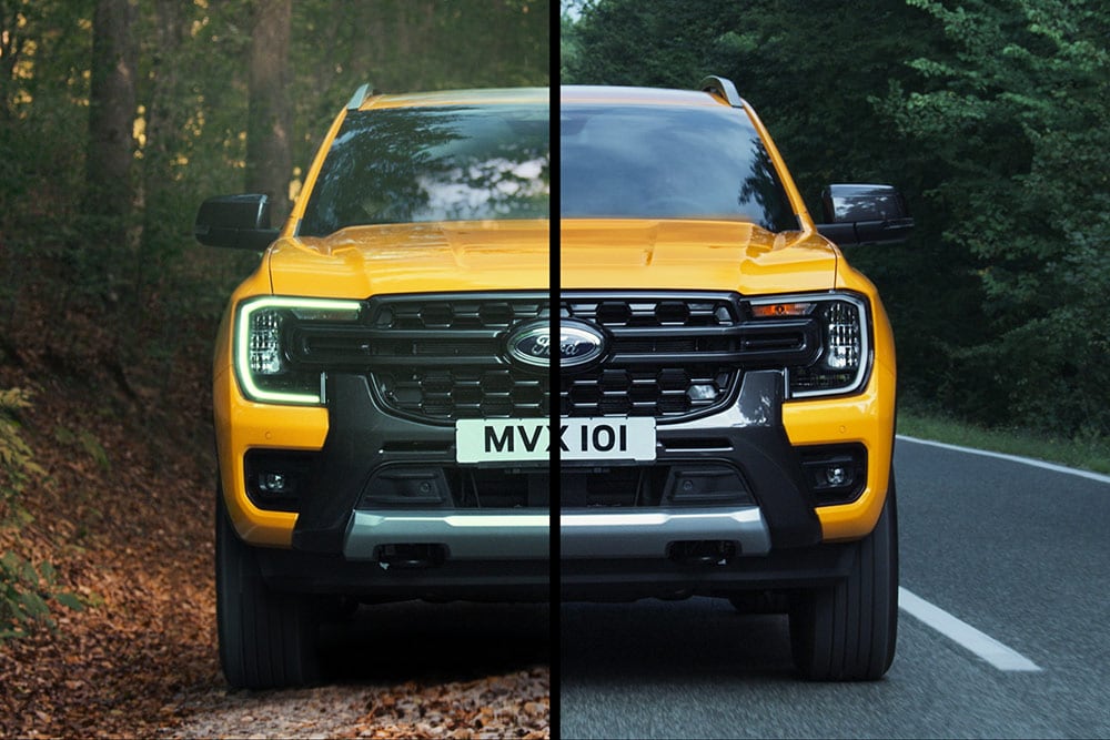 Etukameran jaettu näkymä keltaisesta Ford Rangerista, jossa toisessa kuvassa on maastoajoa ja toisessa metsätiellä ajoa.