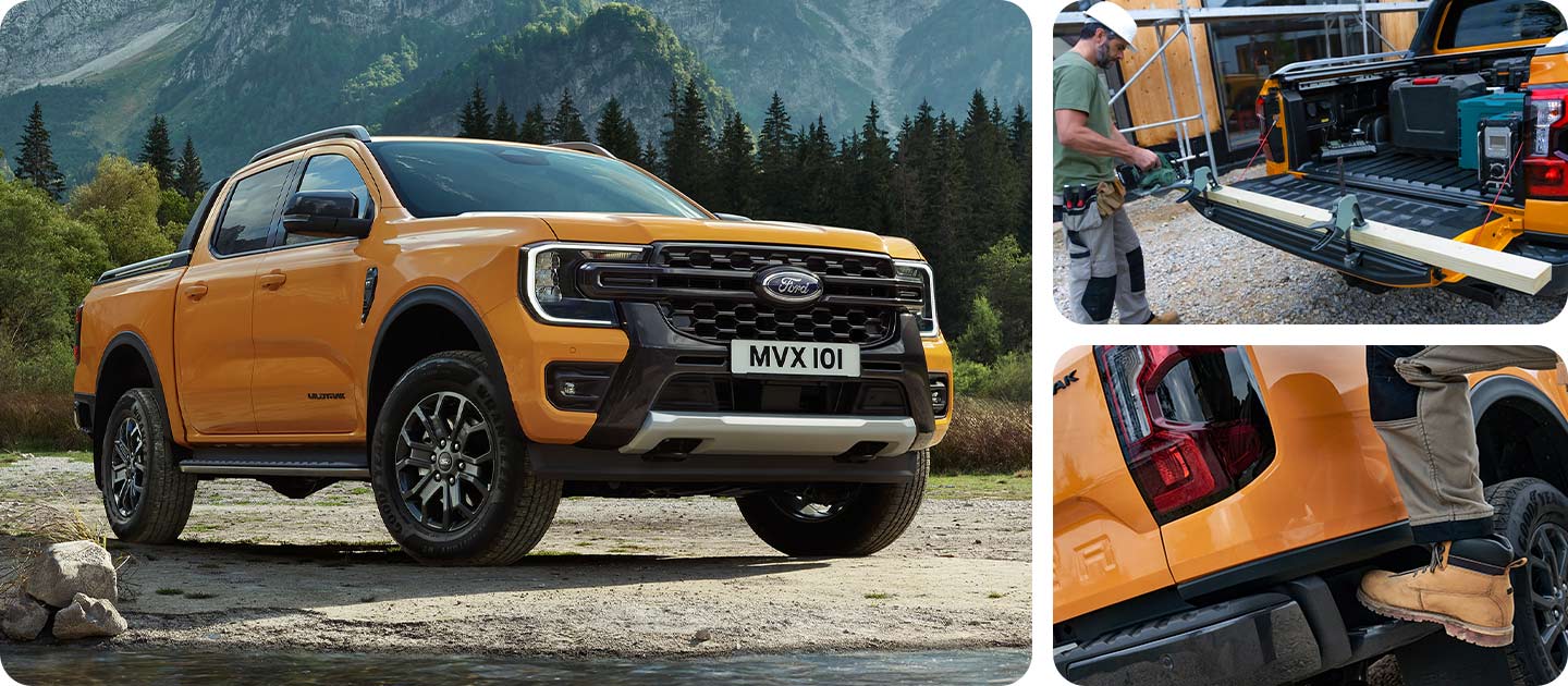 Keltainen Ford Ranger Wildtrak pysäköitynä järven rannalla vuoristomaisemassa.