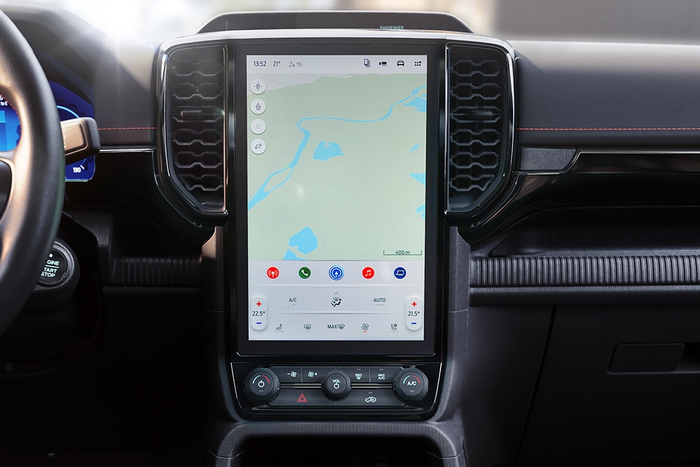 Lähikuvassa Ford Rangerin SYNC™ 4 12-tuuman keskikosketusnäyttö.
