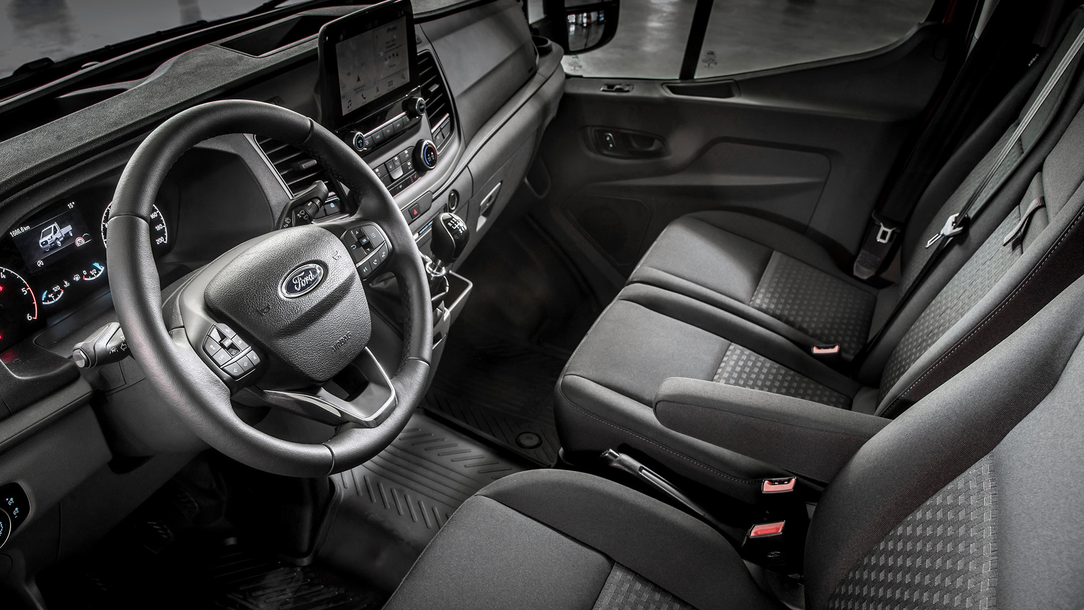 Transit Chassis Cab interior with front seats. and steering wheel