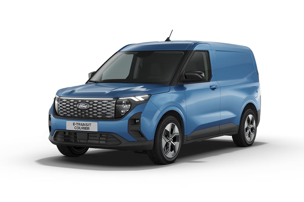 Sininen Ford E-Transit Courier