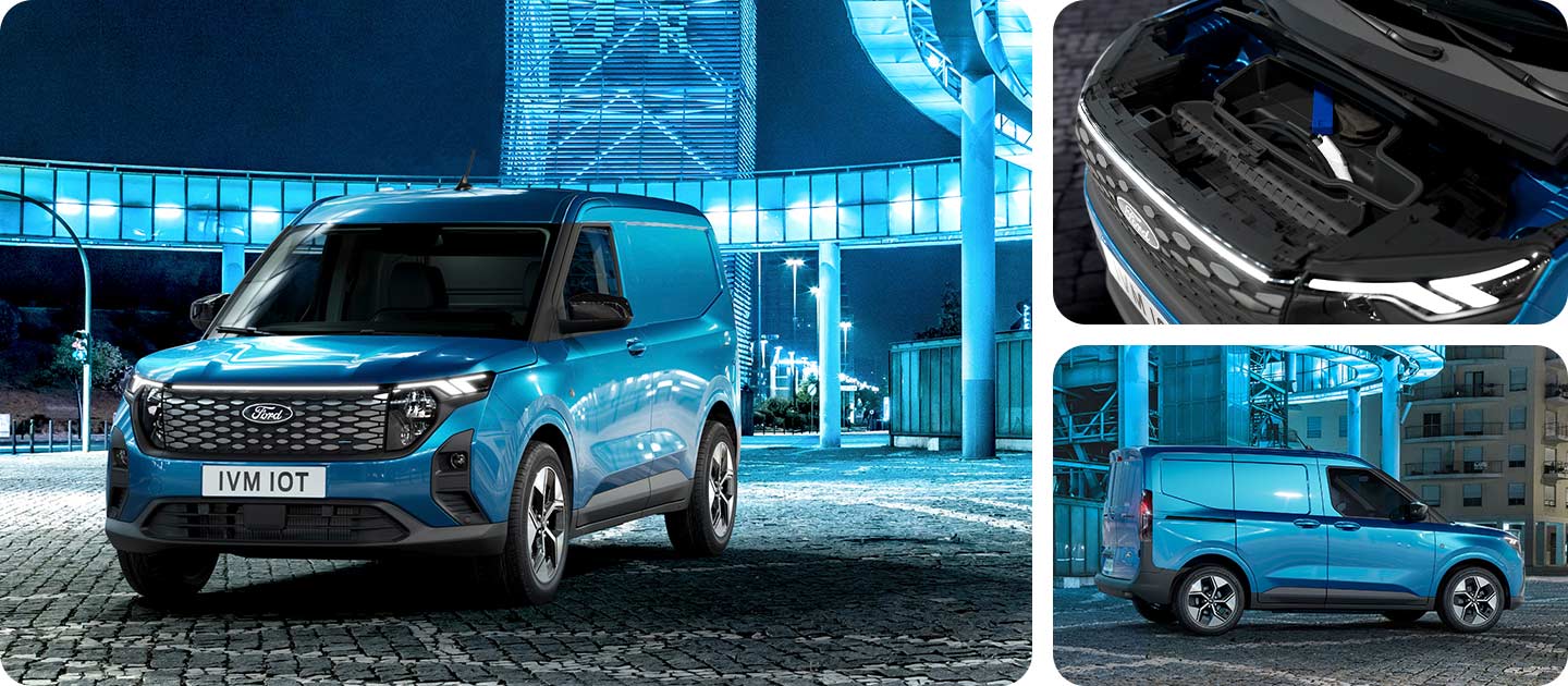 Sininen Ford E-Transit Courier edestä