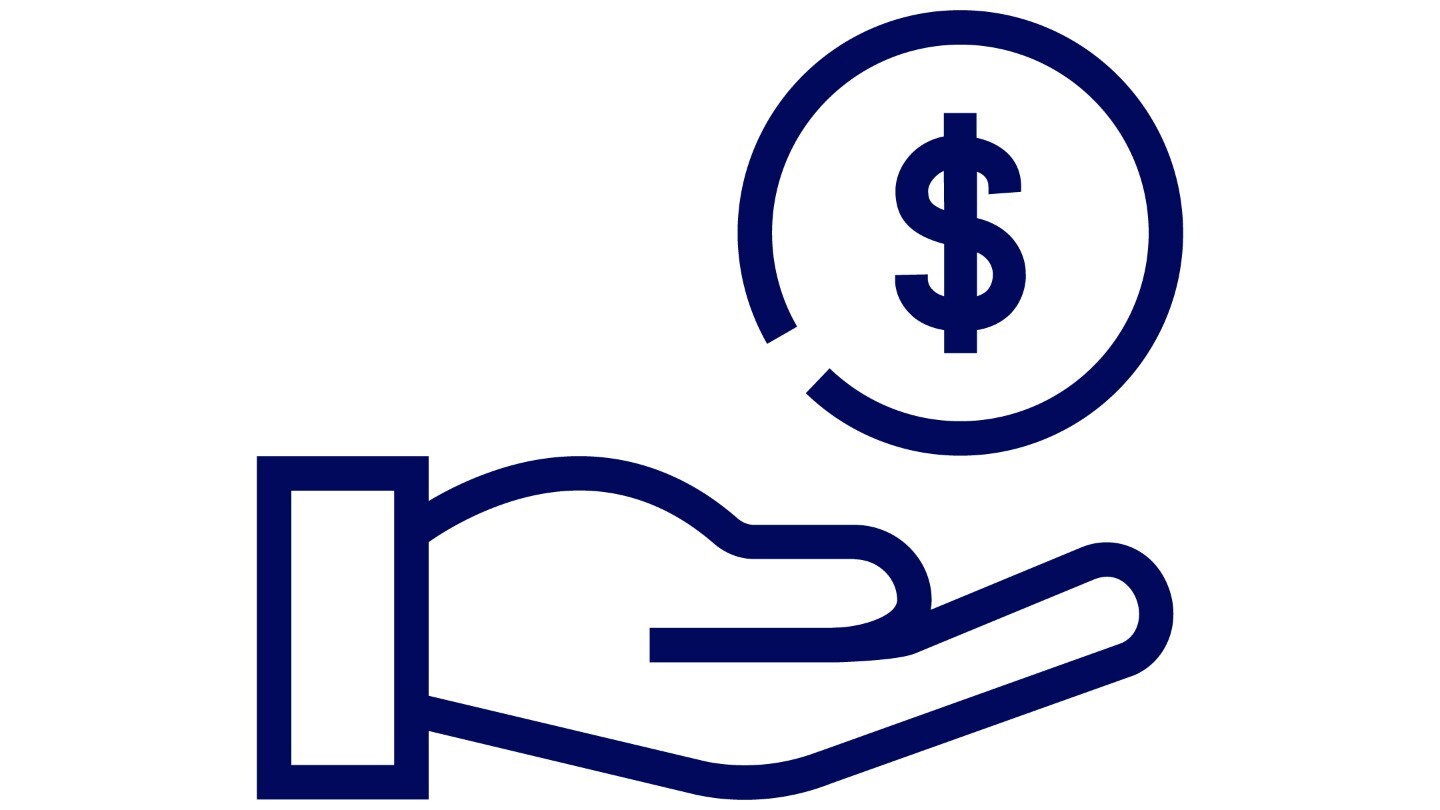 Kuvake kädestä, joka pitää dollarin merkkiä, otsikoitu "ARVO".